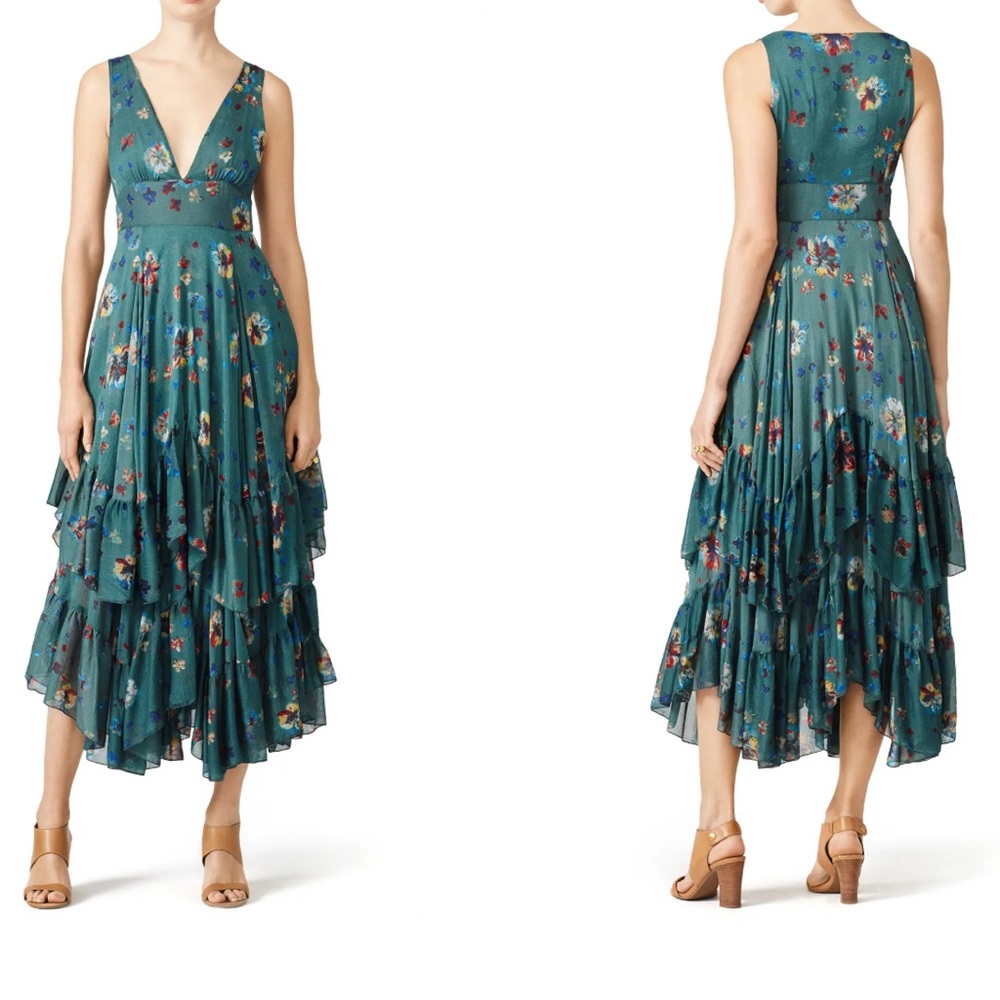 Free People-Catching Glances Teal Tiered Layered Ruffled Maxi Dress V Neck